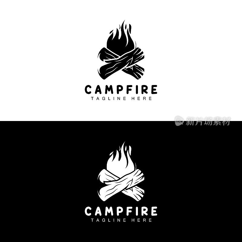 营火标志设计，露营矢量，木火和森林设计