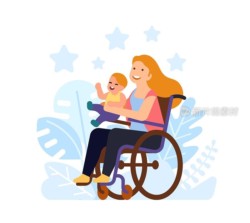 残疾的母亲抱着孩子。快乐的残疾妈妈抱着宝宝。瘫痪的父母和孩子。坐轮椅的女性。残疾人包容无障碍。向量的概念