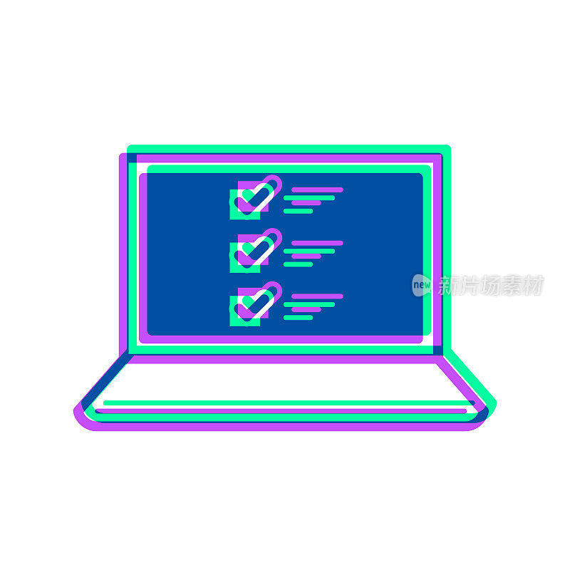 笔记本电脑和清单。图标与两种颜色叠加在白色背景上