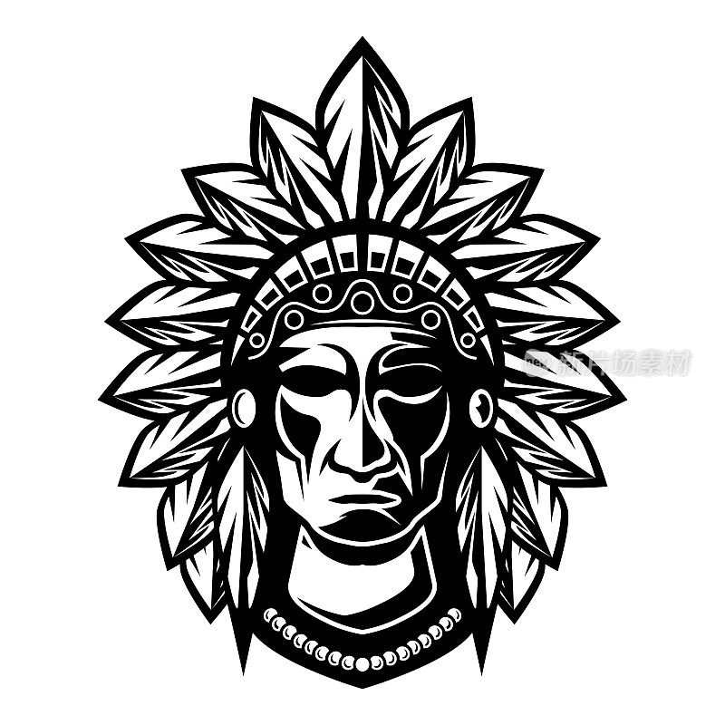 印第安头矢量酋长阿帕奇复古风格吉祥物设计人物插图黑白