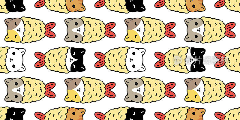 猫无缝图案天妇罗小猫矢量印花布日本食品虾品种neko卡通人物宠物瓷砖背景礼物包装纸重复壁纸围巾孤立插图涂鸦设计