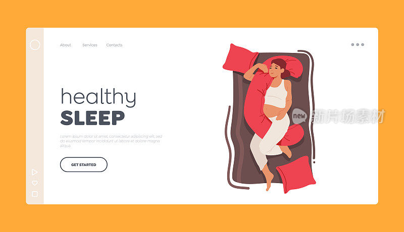 健康睡眠登录页模板。孕妇睡觉与孕妇枕头支持最佳睡眠俯视图