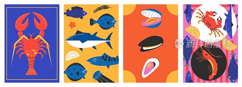 海鲜极简主义海报。抽象的卡通鱼贝元素为餐厅菜单背景设计，新潮简洁的横幅。向量集合