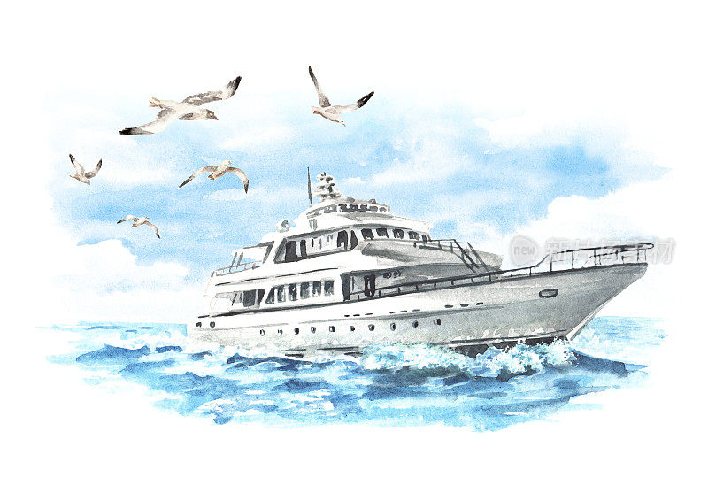 海上的小船，游艇上的浪花和海鸥。手绘水彩插图孤立的白色背景