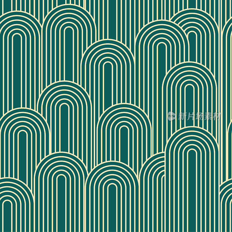 抽象艺术装饰绿色几何线条拱形形状无缝模式背景