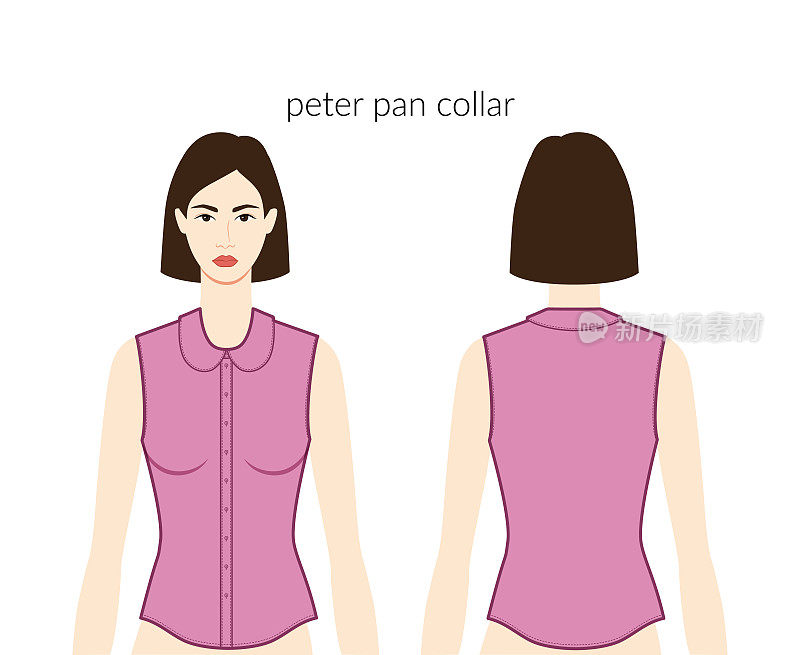 彼得·潘领领口襟衣服人物美丽的女士在粉红色的上衣，衬衫，连衣裙技术时尚插图与合身的身体。平板服装模板。女人，男人男女皆宜的CAD模型