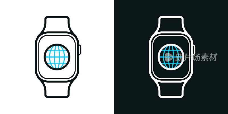 智能手表与全球。黑色或白色背景上的双色线图标-可编辑的笔画