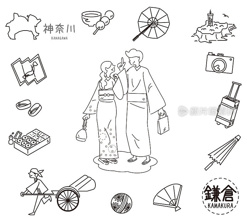 日本神奈川镰仓著名景点的一组和服情侣(线条画(WB))