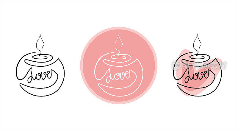 一套极简主义的连续线燃烧香气和水疗蜡烛与爱标签在各种设计的标志。蜡烛排成一行。