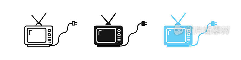 老电视偶像。复古电视符号。用于观看频道标志的天线。新闻、广播、展示符号。经典的屏幕图标。黑色，蓝色。矢量信号。