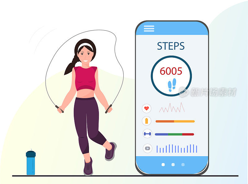 女性使用移动应用程序进行运动训练，在线健身概念，在家健身概念，使用移动应用程序，平面矢量说明