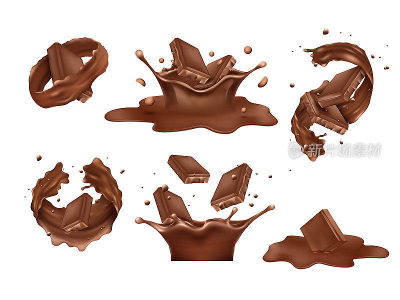 牛奶巧克力棒，巧克力飞溅。黑可可块在运动，蛋糕标志3d孤立的元素，热熔或摇液，下降漩涡，冰沙或融化奶油。矢量设计对象
