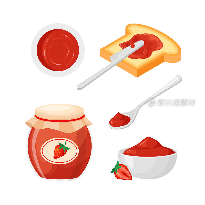 草莓果酱吐司，罐子和碗。