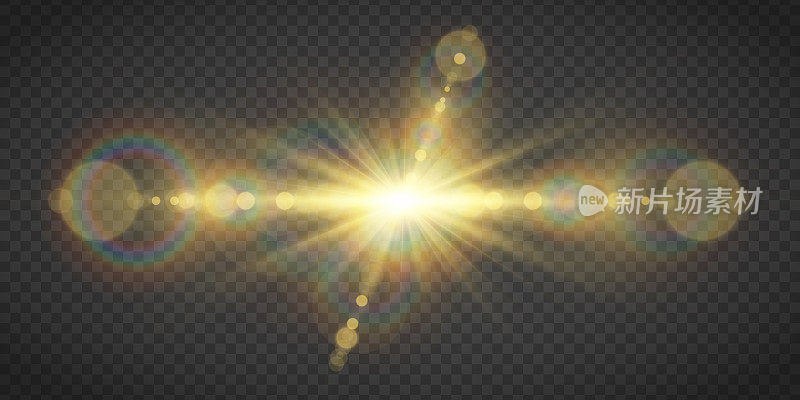 抽象金色前太阳镜片光晕半透明特殊光效设计。矢量模糊运动辉光眩光。隔离透明背景。装饰元素。水平恒星爆发射线和聚光