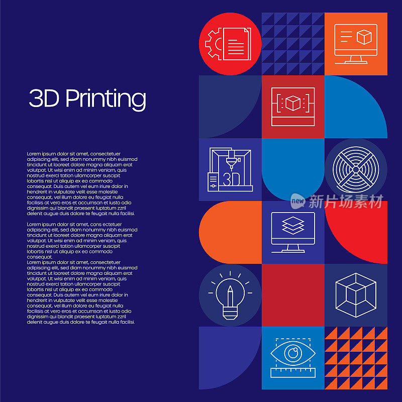 3D打印相关设计与线图标。简单轮廓符号图标。采购产品打印机，3D，技术，设计，塑料，制造，对象，设备