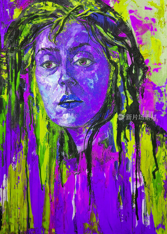 插图油画肖像的女人在绿紫色调