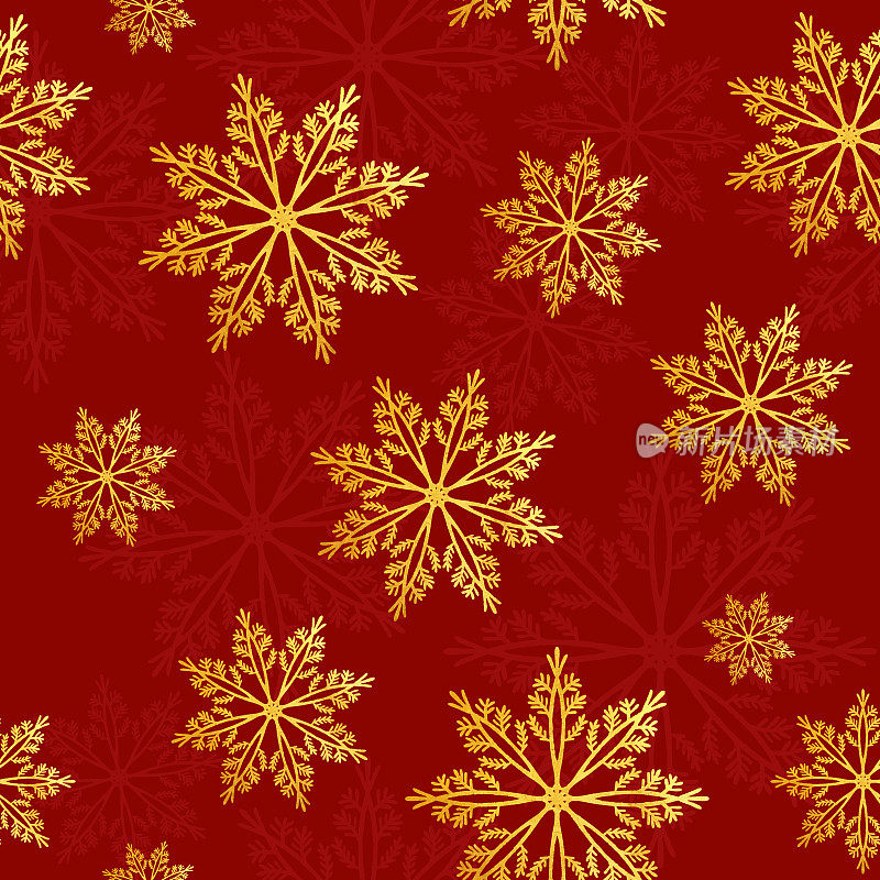 金色雪花与红色背景无缝图案。圣诞节和新年的概念。设计元素的贺卡，装饰和礼物。