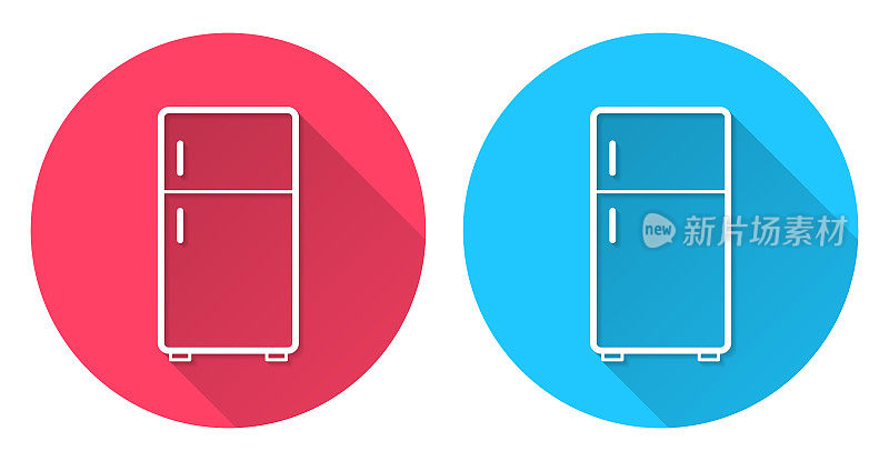 冰箱。圆形图标与长阴影在红色或蓝色的背景