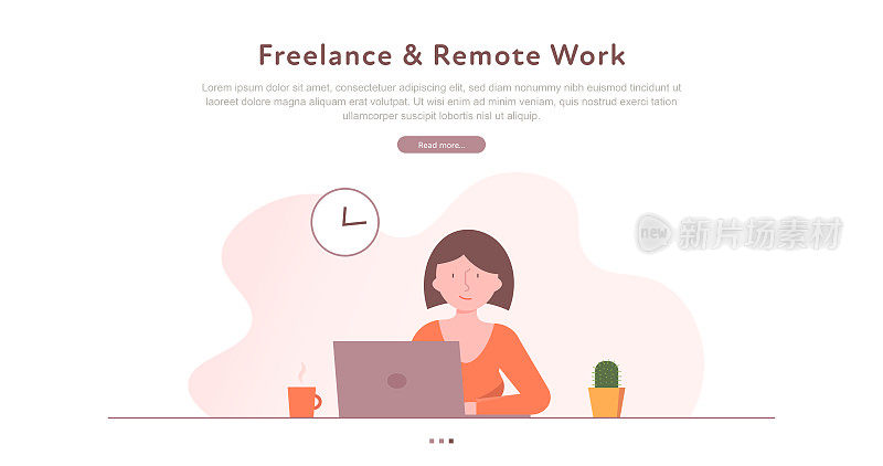 自由职业者和远程工作网页概念与可编辑的笔画线插图。
