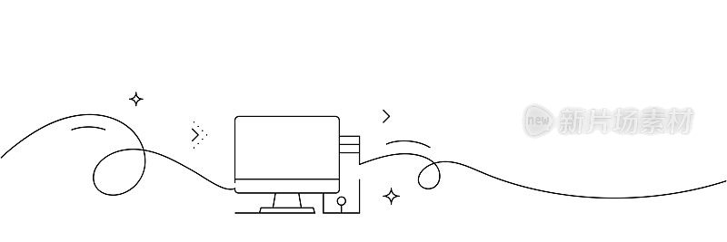 连续线条绘制桌面PC图标。手绘符号矢量插图。