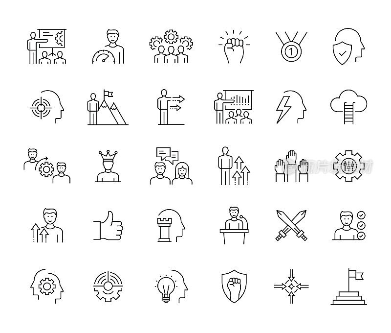 简单的商业动机线图标集。自信,成就,团队合作,领导,组织,指导。