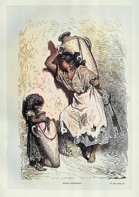 年轻的瓦伦西亚人，拿着双耳罐的年轻女人和女孩，工人阶级，瓦伦西亚，西班牙，19世纪