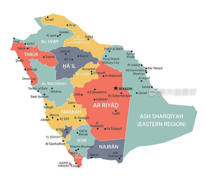 沙特阿拉伯地图。沙特阿拉伯矢量彩色地图