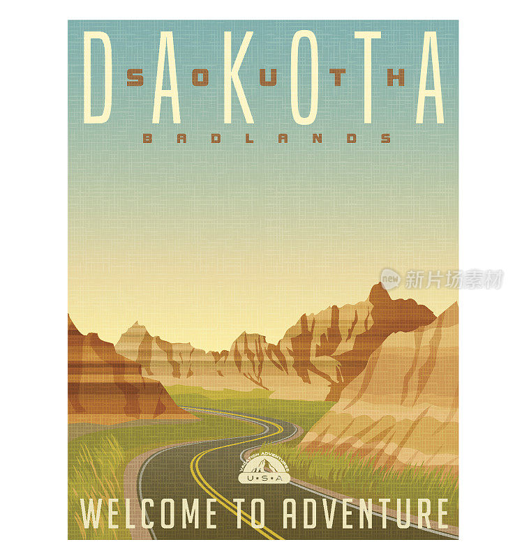 复古风格的旅行海报或贴纸。美国，南达科他州，荒地国家公园