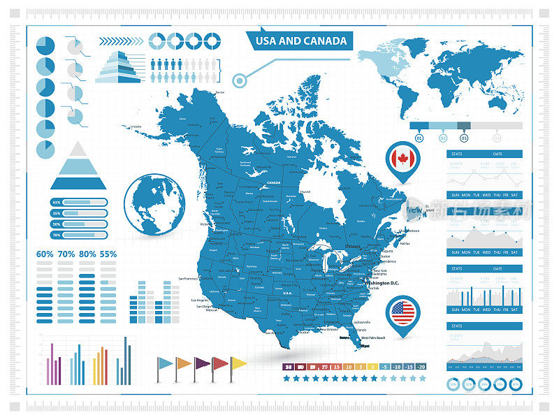 美国和加拿大地图与信息图形元素