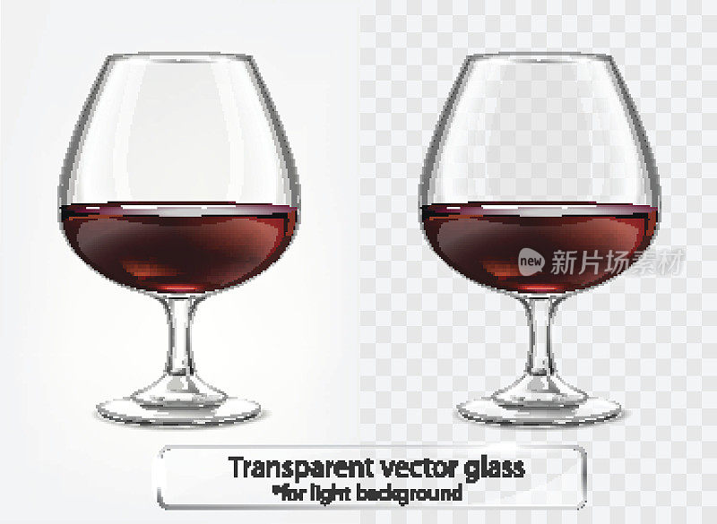 透明矢量玻璃高脚杯，以干邑为背景。白兰地嗅探器