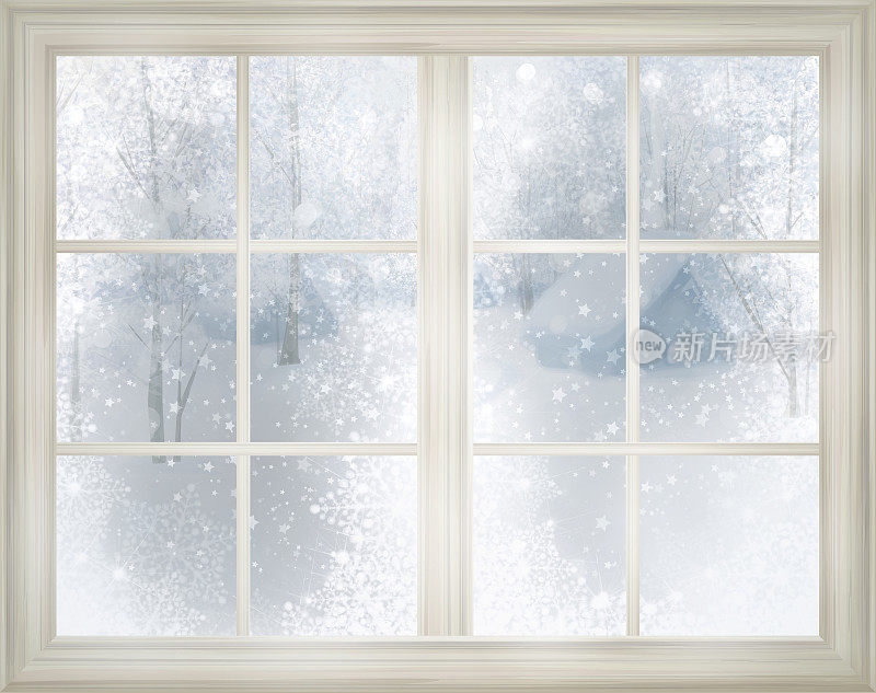 窗户与冬天的雪景背景。
