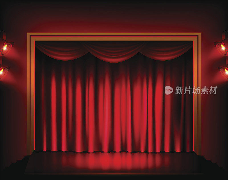 有红色窗帘和聚光灯的剧场舞台。