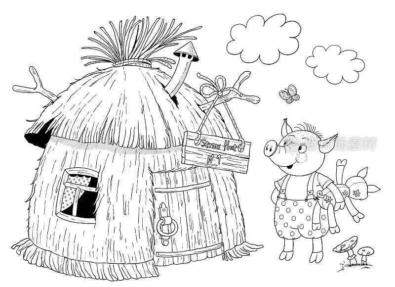 三只小猪。童话故事。对儿童插图。着色页面。可爱和有趣的卡通人物