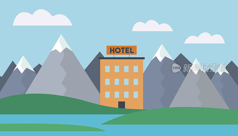 现实的矢量插图的山景观与水和酒店建筑在一个湖的岸边的蓝天与云-适合广告