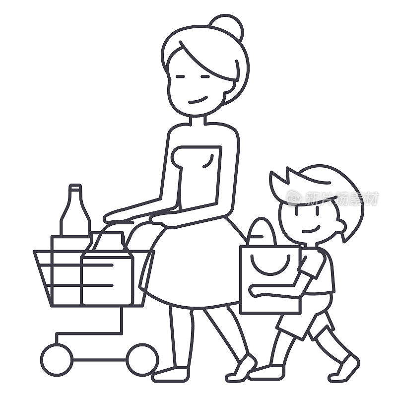 购物杂货店，母亲与儿子和购物车矢量线图标，标志，插图的背景，可编辑的笔触