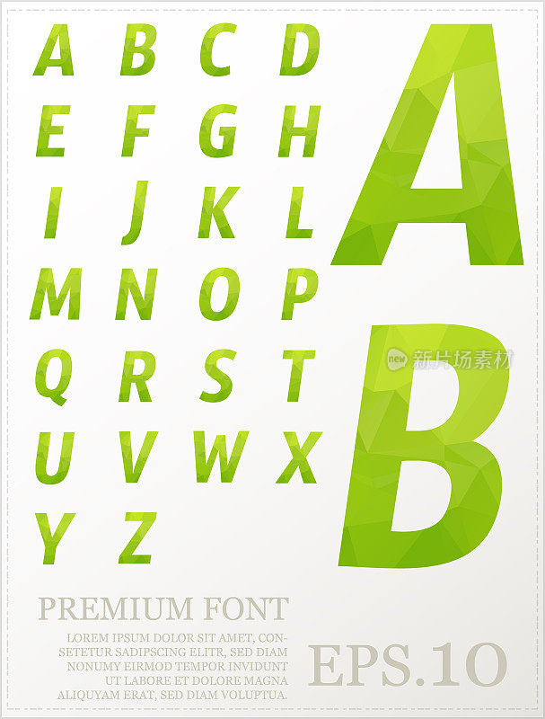 绿色字母在低聚风格。多色矢量设计的展示，网页，