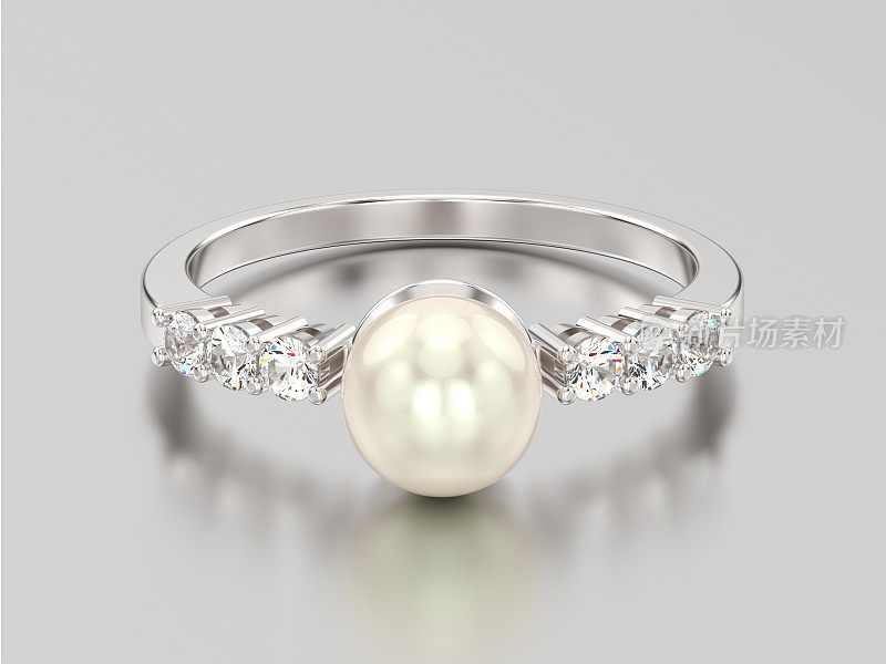 3D插图白金或银钻石戒指与珍珠