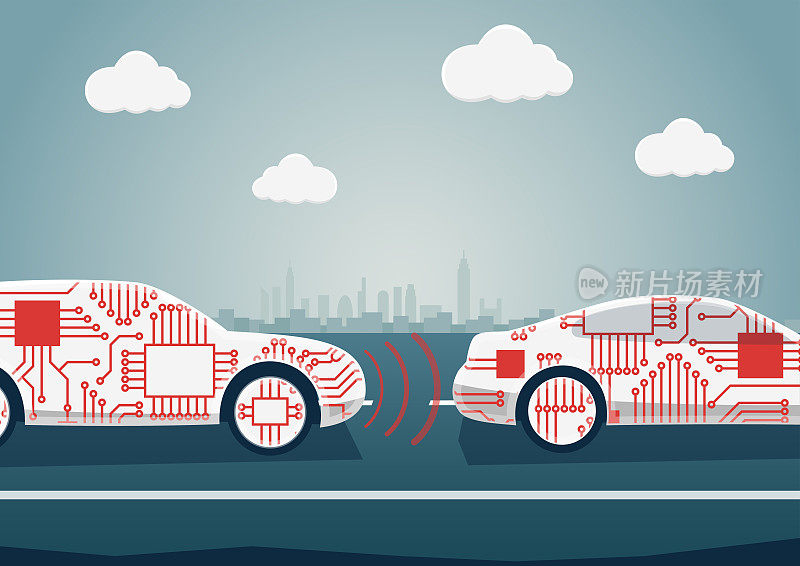 自动驾驶概念作为汽车行业数字化的例子。互联汽车相互通信的矢量图