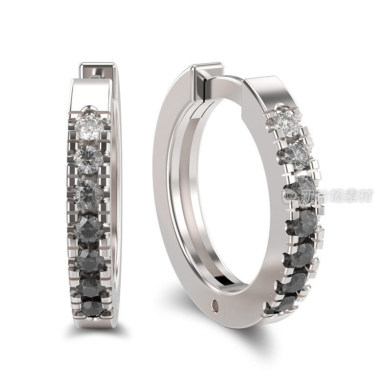 3D插图孤立白金或银色装饰耳环铰链锁与黑色和白色钻石梯度