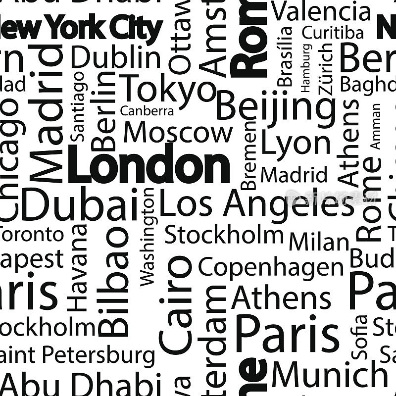 世界城市无缝模式。世界各大城市的名字。艺术无缝矢量图案背景与城市的名称。