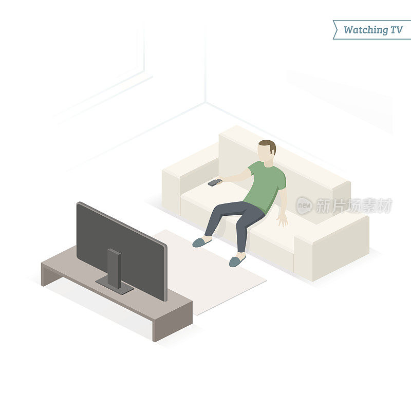 单身男人坐在沙发上看电视，换频道。