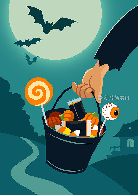 矢量平面插图的人的手携带一个trick-or-treat桶满万圣节糖果，在一个夜晚景观与树和房子在远处，满月，飞行蝙蝠的背景。