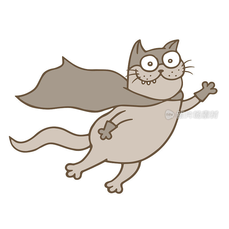 卡通猫超级英雄在飞。矢量图