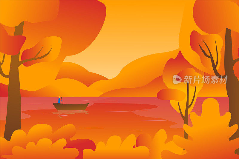 黄山谷地景观。秋季湖泊风景优美。渔夫在平静的河面上。树叶落在水面上。手绘卡通复古风格。矢量乡村户外背景