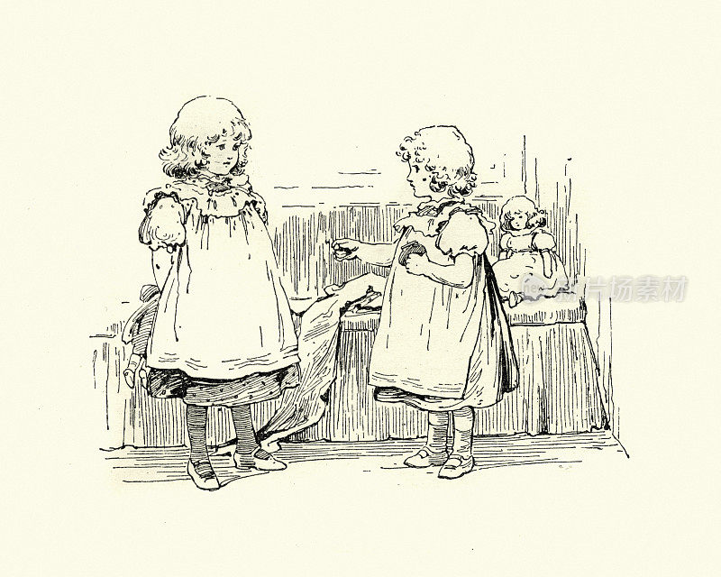 两个小女孩在托儿所玩耍，维多利亚时代，19世纪