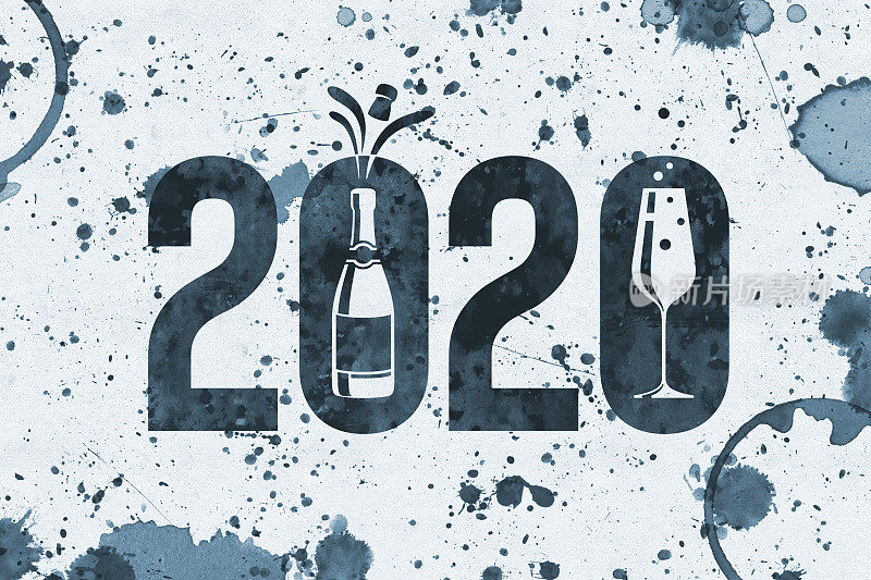 2020年新年墨水与香槟瓶和玻璃