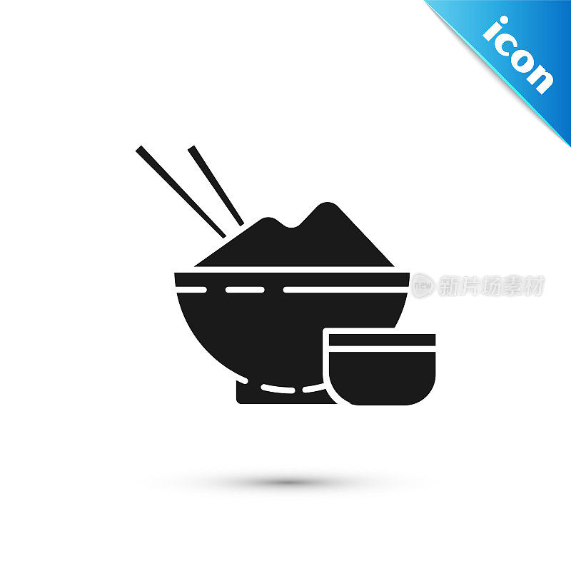 黑米碗，筷子和酱汁的图标孤立在白色的背景。传统的亚洲食品。矢量图