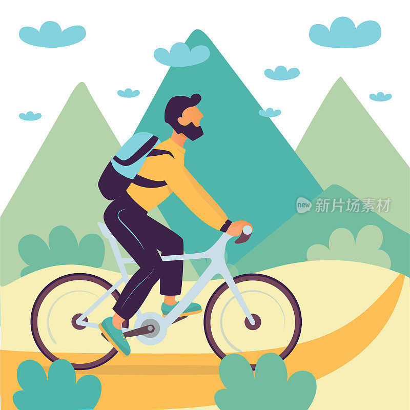 一个年轻人骑着自行车在山路上欣赏美丽的自然景色