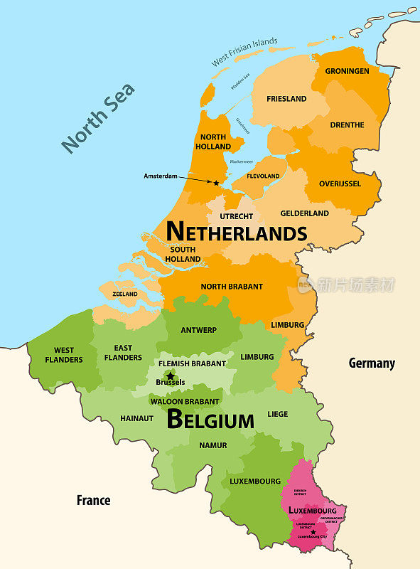 比荷卢三国矢量区域地图:比利时，荷兰和卢森堡，与邻国和领土