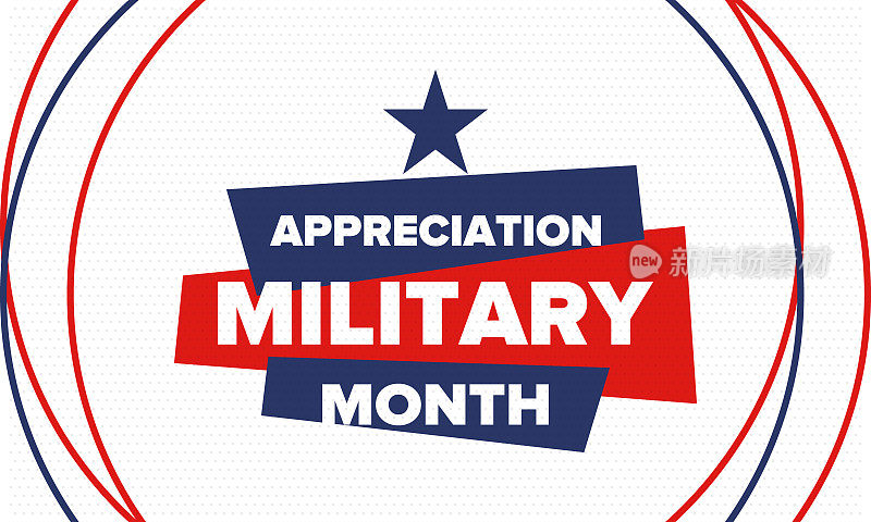 5月国庆阅兵月。美国一年一度的武装部队庆祝月。爱国的美国元素。海报、卡片、横幅和背景。矢量图